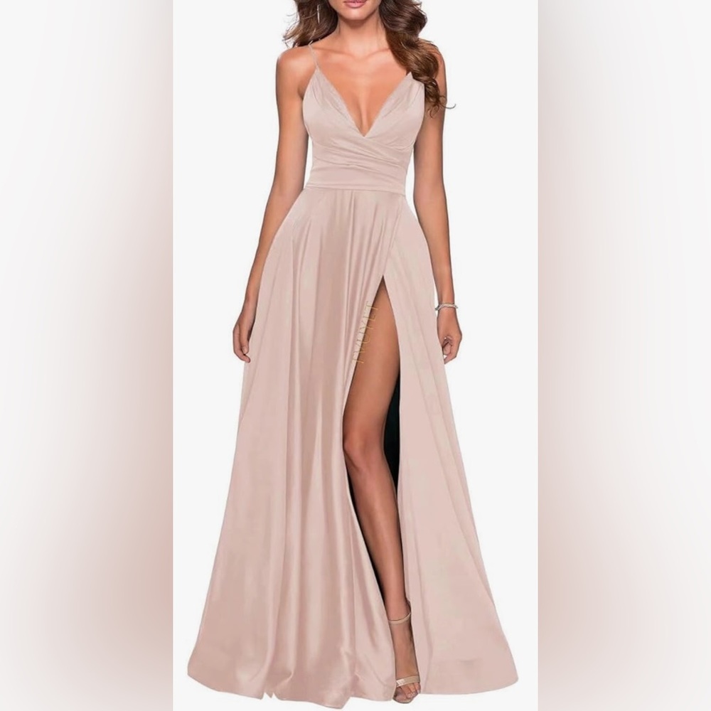 Long, satin formal dress with slit